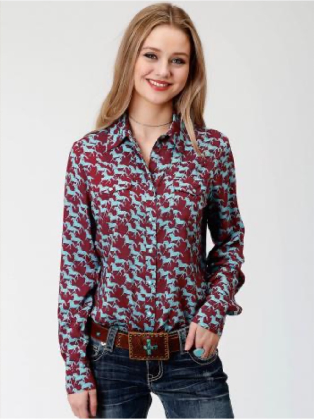 Roper Women’s Stampede Print Rayon Western Snap Shirt Size Large